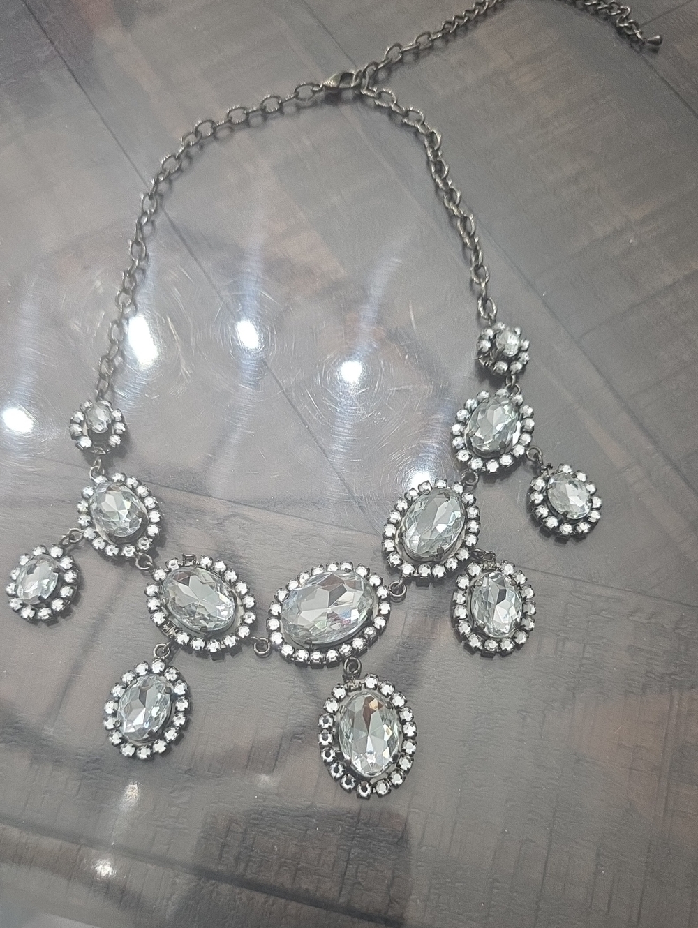 Silver Crystal Oval Statement Bib Necklace - Women's Fashion Jewelry